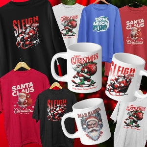 Collection of Christmas-themed t-shirts and mugs on a red background