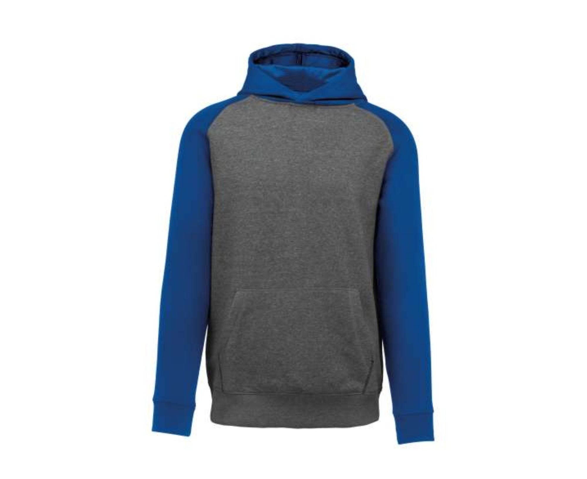 PA370 | Kid's Two-Tone Hooded Sweatshirt Grey Heather | Sporty Royal Blue